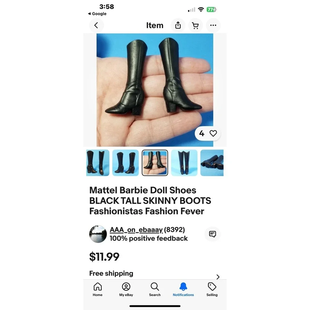 Mattel Barbie Doll Shoes BLACK TALL SKINNY‎ BOOTS Fashionistas Fashion Fever